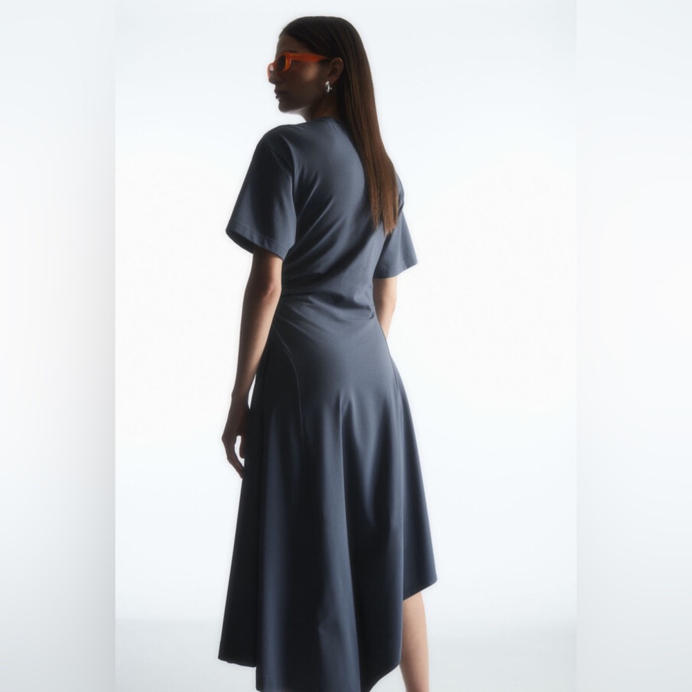 COS Steel Blue Asymmetric Flow Ruched Stretch Cotton Jersey T-Shirt Midi Dress L - Picture 2 of 13